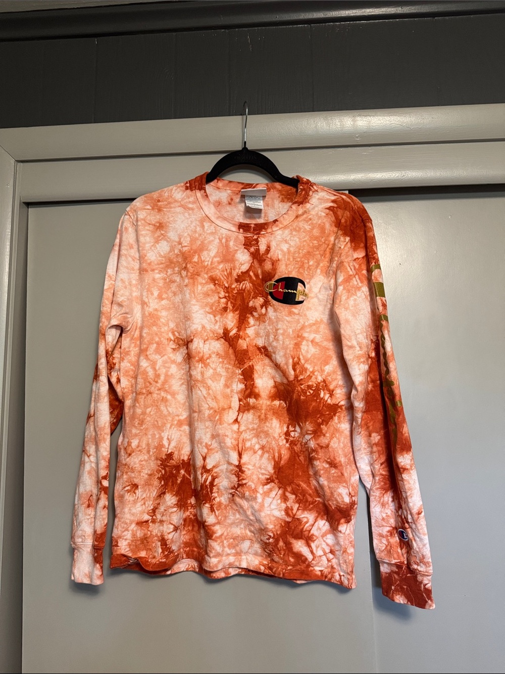 Champion Orange Tie-Dye Long Sleeve Crew Shirt
